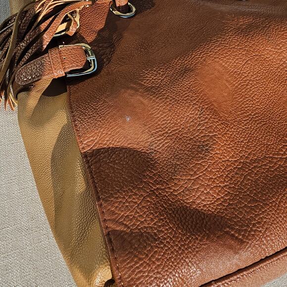 Huge Steve Madden Satchel, Camel Color, Buckle and Tassel Detail Faux Leather - Picture 5 of 11